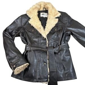 KC Collections Brown Faux Leather Sherpa Trim Belted Penny Lane Jacket Large Y2K